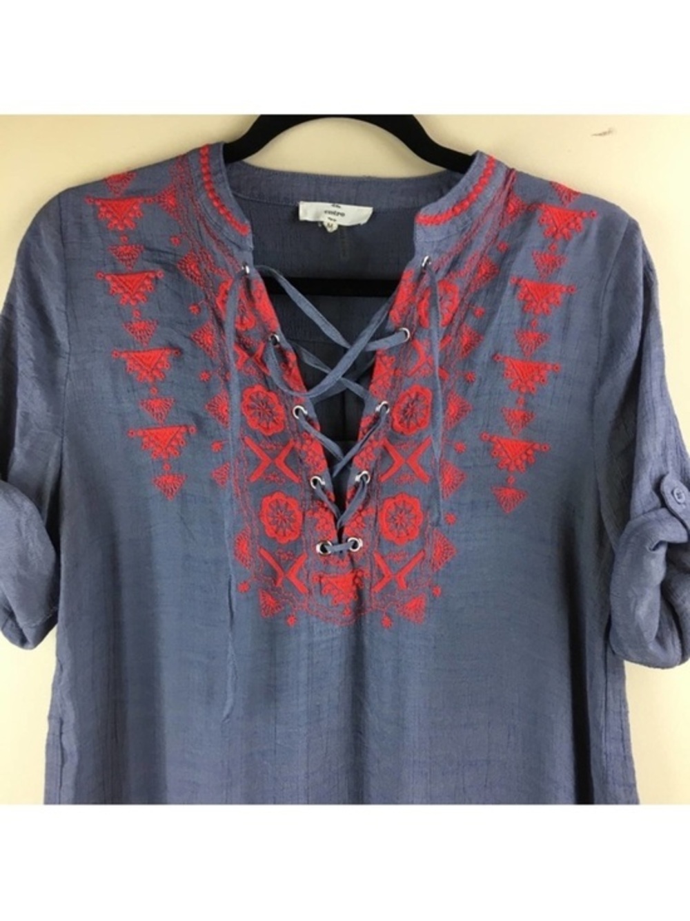 Entro Embroidered Lace-Up Tunic Top - Blue/Gray with Red Accents Medium